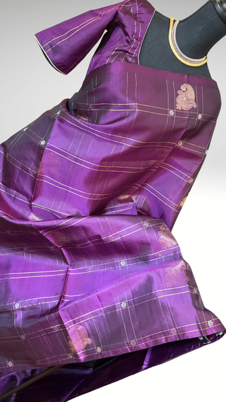 Pure Soft Silk Saree Purple checks silk saree with embroidered  Stitched Blouse Indian Saree Online USA Ready to Ship Saree Online USA Easy Drape