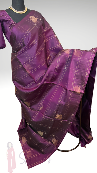 Pure Soft Silk Saree Purple checks silk saree with embroidered  Stitched Blouse Indian Saree Online USA Ready to Ship Saree Online USA Easy Drape