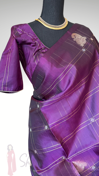 Pure Soft Silk Saree Purple checks silk saree with embroidered  Stitched Blouse Indian Saree Online USA Ready to Ship Saree Online USA Easy Drape