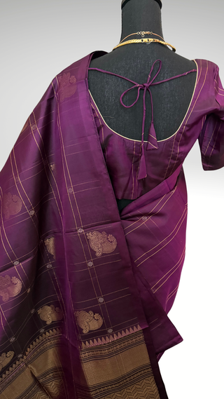 Pure Soft Silk Saree Purple checks silk saree with embroidered  Stitched Blouse Indian Saree Online USA Ready to Ship Saree Online USA Easy Drape