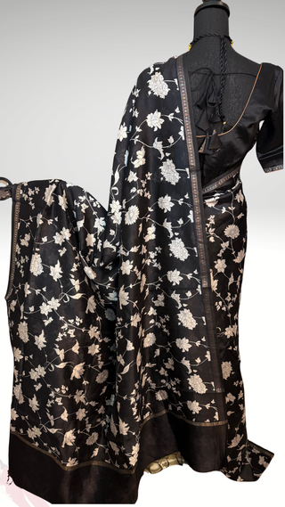 Printed Floral chinya black white pure  silk sarees with stitched blouse