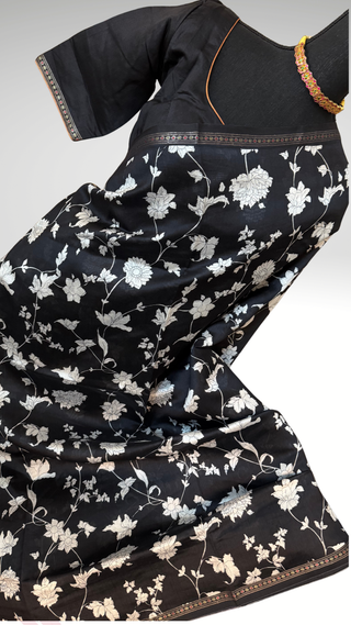 Printed Floral chinya black white pure  silk sarees with stitched blouse