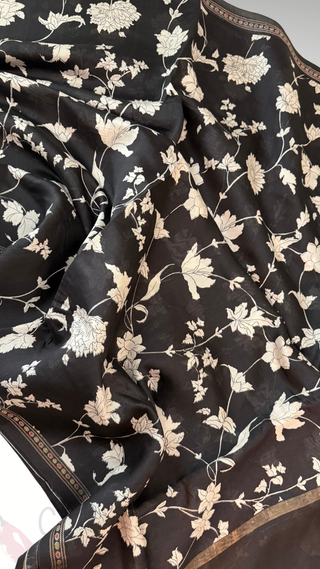 Printed Floral chinya black white pure  silk sarees with stitched blouse