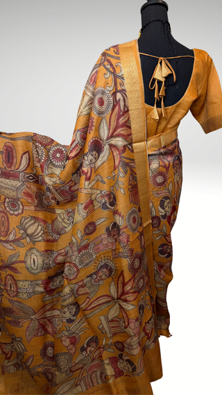 Handwoven pichwai one of kind print tussar silk saree  online and prestitched blouse