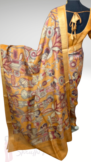 Handwoven pichwai one of kind print tussar silk saree  online and prestitched blouse