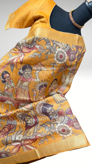 Handwoven pichwai one of kind print tussar silk saree  online and prestitched blouse
