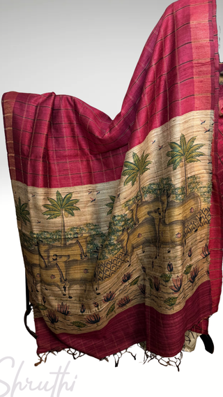 Handwoven pichwai print tussar silk saree  online and prestitched blouse