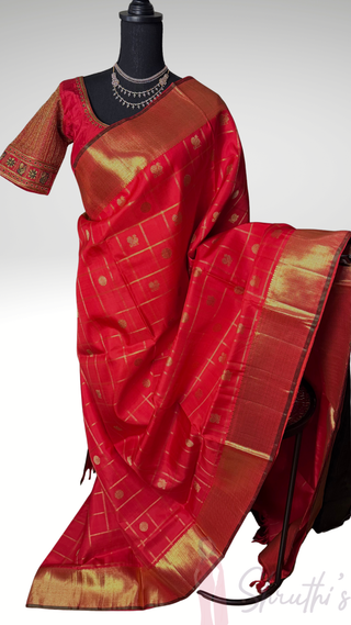 Pure Red kanjivaram pattu muhurtam kalyanam Pelli cheera saree pure zari handloom korvai kanchi red checks butta kanjivaram silk saree with embroidery  blouse