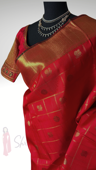 Pure Red kanjivaram pattu muhurtam kalyanam Pelli cheera saree pure zari handloom korvai kanchi red checks butta kanjivaram silk saree with embroidery  blouse