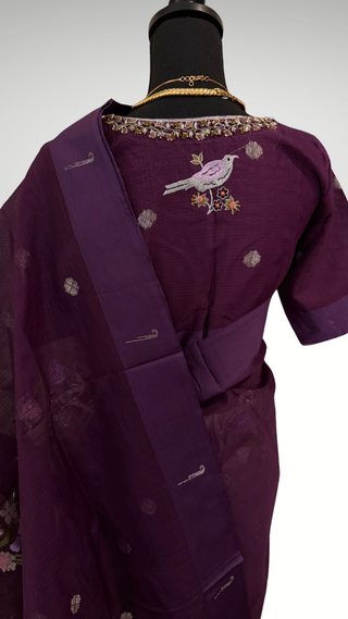 Handloom zari Kota saree silver zari with embroidered stitched blouse