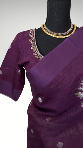 Handloom zari Kota saree silver zari with embroidered stitched blouse