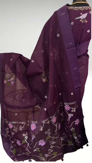 Handloom zari Kota saree silver zari with embroidered stitched blouse