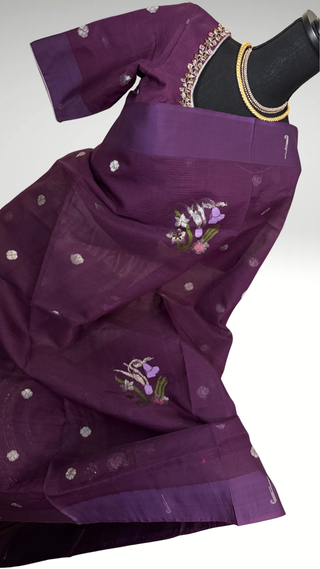 Handloom zari Kota saree silver zari with embroidered stitched blouse