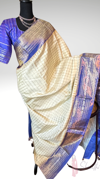 Pure Tissue white beige lavender  checks Gadwal with stitched blouse silk  saree pure silver zari tissue silk saree