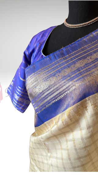 Pure Tissue white beige lavender  checks Gadwal with stitched blouse silk  saree pure silver zari tissue silk saree