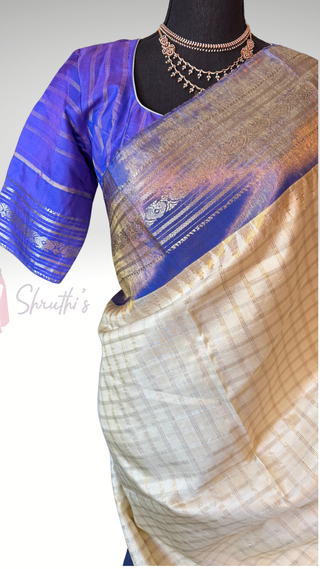 Pure Tissue white beige lavender  checks Gadwal with stitched blouse silk  saree pure silver zari tissue silk saree