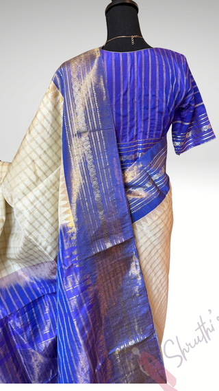 Pure Tissue white beige lavender  checks Gadwal with stitched blouse silk  saree pure silver zari tissue silk saree