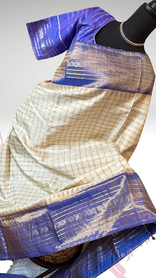 Pure Tissue white beige lavender  checks Gadwal with stitched blouse silk  saree pure silver zari tissue silk saree