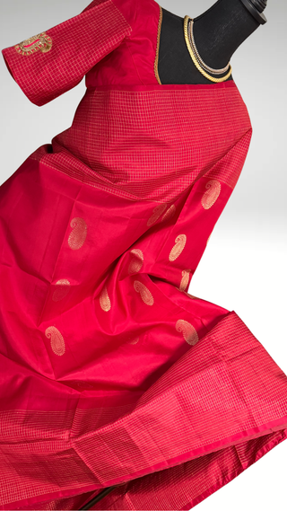 Pure Soft Silk Saree red chili 🌶️ Red  silk saree with embroidered  Stitched Blouse Indian handloom wedding pattu Saree Online USA Ready to Ship Saree Online USA Easy Drape