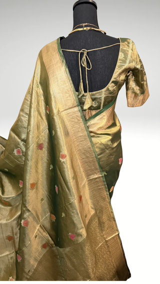 Tissue Green zari Kota saree with stitched brocade weave blouse