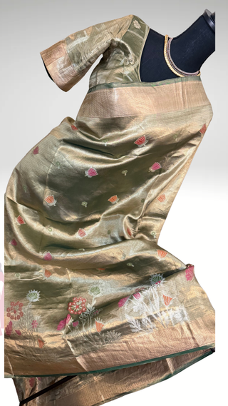Tissue Green zari Kota saree with stitched brocade weave blouse