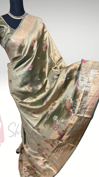 Tissue Green zari Kota saree with stitched brocade weave blouse