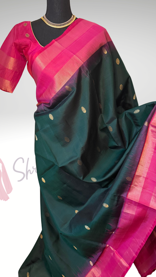 Pure Soft Silk Saree Bottle green with pink  silk saree with embroidered  Stitched Blouse Indian handloom wedding pattu Saree Online USA Ready to Ship Saree Online USA Easy Drape