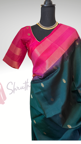Pure Soft Silk Saree Bottle green with pink  silk saree with embroidered  Stitched Blouse Indian handloom wedding pattu Saree Online USA Ready to Ship Saree Online USA Easy Drape