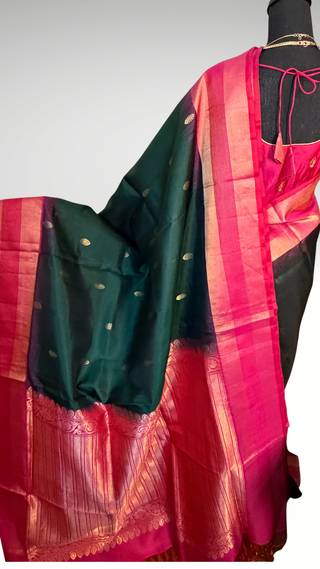 Pure Soft Silk Saree Bottle green with pink  silk saree with embroidered  Stitched Blouse Indian handloom wedding pattu Saree Online USA Ready to Ship Saree Online USA Easy Drape