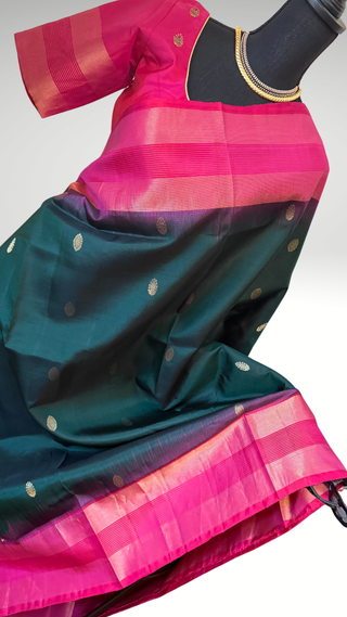 Pure Soft Silk Saree Bottle green with pink  silk saree with embroidered  Stitched Blouse Indian handloom wedding pattu Saree Online USA Ready to Ship Saree Online USA Easy Drape