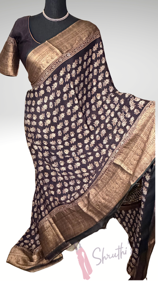 Handloom ajarakh hand block print with kanjivaram zari borders easy drape saree pallu silk with stitched blouse