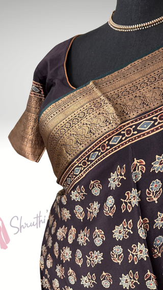 Handloom ajarakh hand block print with kanjivaram zari borders easy drape saree pallu silk with stitched blouse
