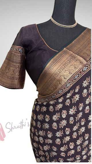 Handloom ajarakh hand block print with kanjivaram zari borders easy drape saree pallu silk with stitched blouse