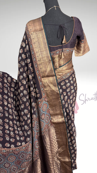 Handloom ajarakh hand block print with kanjivaram zari borders easy drape saree pallu silk with stitched blouse
