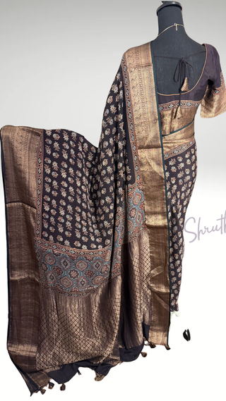Handloom ajarakh hand block print with kanjivaram zari borders easy drape saree pallu silk with stitched blouse