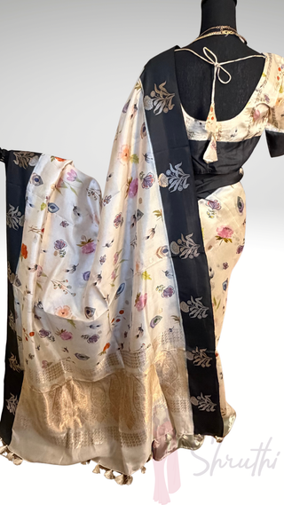 Black and white Handloom Banaras raw mango silk Pure Silk Saree with Gold Zari Border – Ready to Wear Online USA