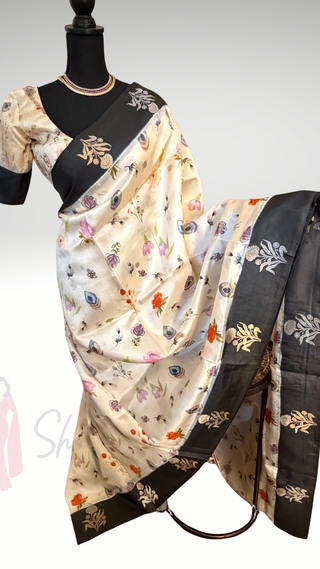 Black and white Handloom Banaras raw mango silk Pure Silk Saree with Gold Zari Border – Ready to Wear Online USA