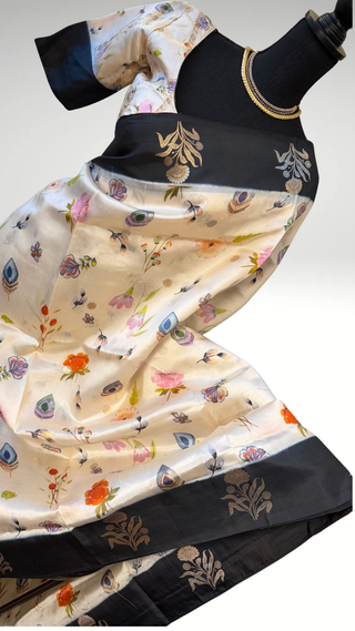 Black and white Handloom Banaras raw mango silk Pure Silk Saree with Gold Zari Border – Ready to Wear Online USA
