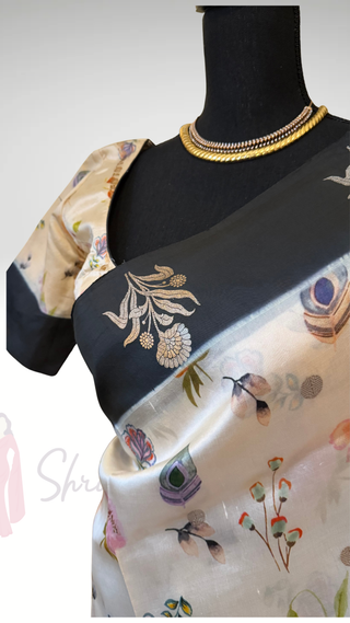 Black and white Handloom Banaras raw mango silk Pure Silk Saree with Gold Zari Border – Ready to Wear Online USA