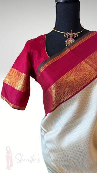 Ven Pattu kanjivaram brocade white tomaroon  Kanchi pattu saree gold zari Indian wedding saree pure silk saree with stitched blouse usa online shopping hand embroidered blouse