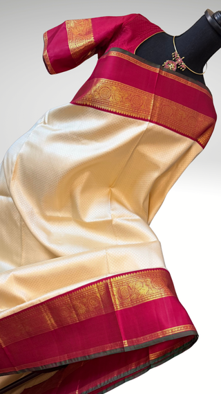 Ven Pattu kanjivaram brocade white tomaroon  Kanchi pattu saree gold zari Indian wedding saree pure silk saree with stitched blouse usa online shopping hand embroidered blouse