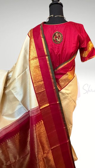 Ven Pattu kanjivaram brocade white tomaroon  Kanchi pattu saree gold zari Indian wedding saree pure silk saree with stitched blouse usa online shopping hand embroidered blouse
