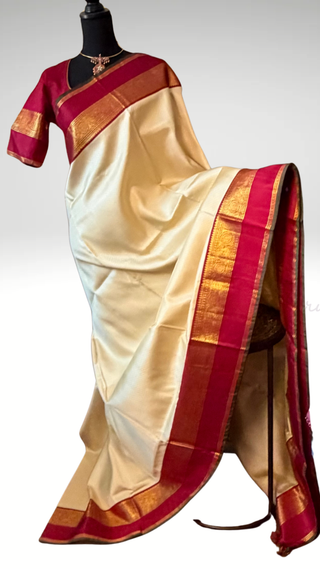 Ven Pattu kanjivaram brocade white tomaroon  Kanchi pattu saree gold zari Indian wedding saree pure silk saree with stitched blouse usa online shopping hand embroidered blouse