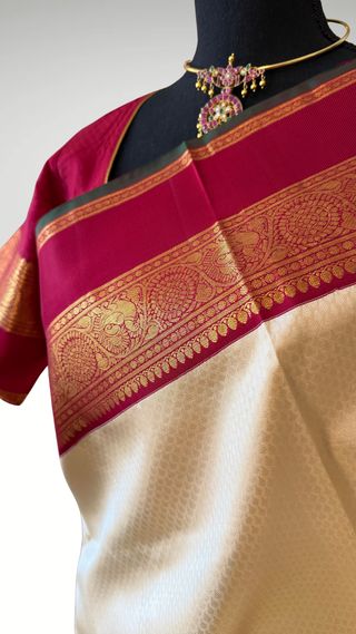 Ven Pattu kanjivaram brocade white tomaroon  Kanchi pattu saree gold zari Indian wedding saree pure silk saree with stitched blouse usa online shopping hand embroidered blouse