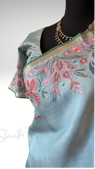 Handloom Pure silk embroidered borders and pallu silk handwoven blouse border