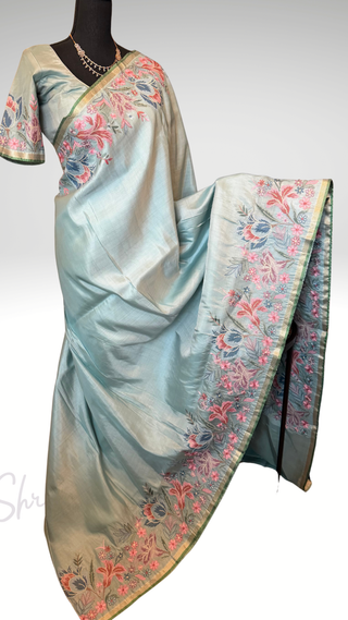 Handloom Pure silk embroidered borders and pallu silk handwoven blouse border