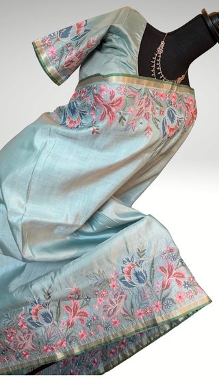 Handloom Pure silk embroidered borders and pallu silk handwoven blouse border