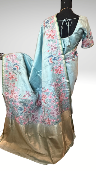 Handloom Pure silk embroidered borders and pallu silk handwoven blouse border