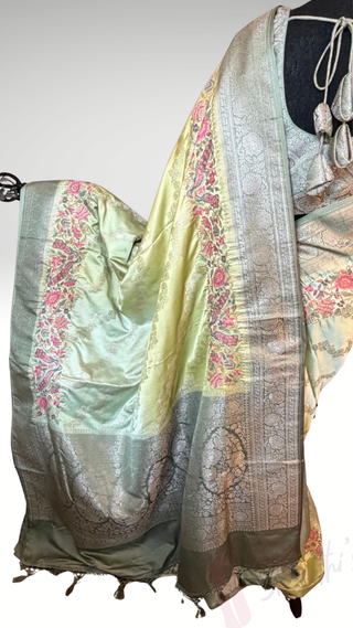 Handloom Pastel green shaded Pure silk Easy drape embroidered borders and pallu silk handwoven blouse border