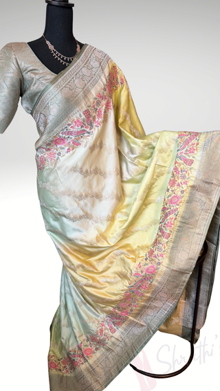 Handloom Pastel green shaded Pure silk Easy drape embroidered borders and pallu silk handwoven blouse border